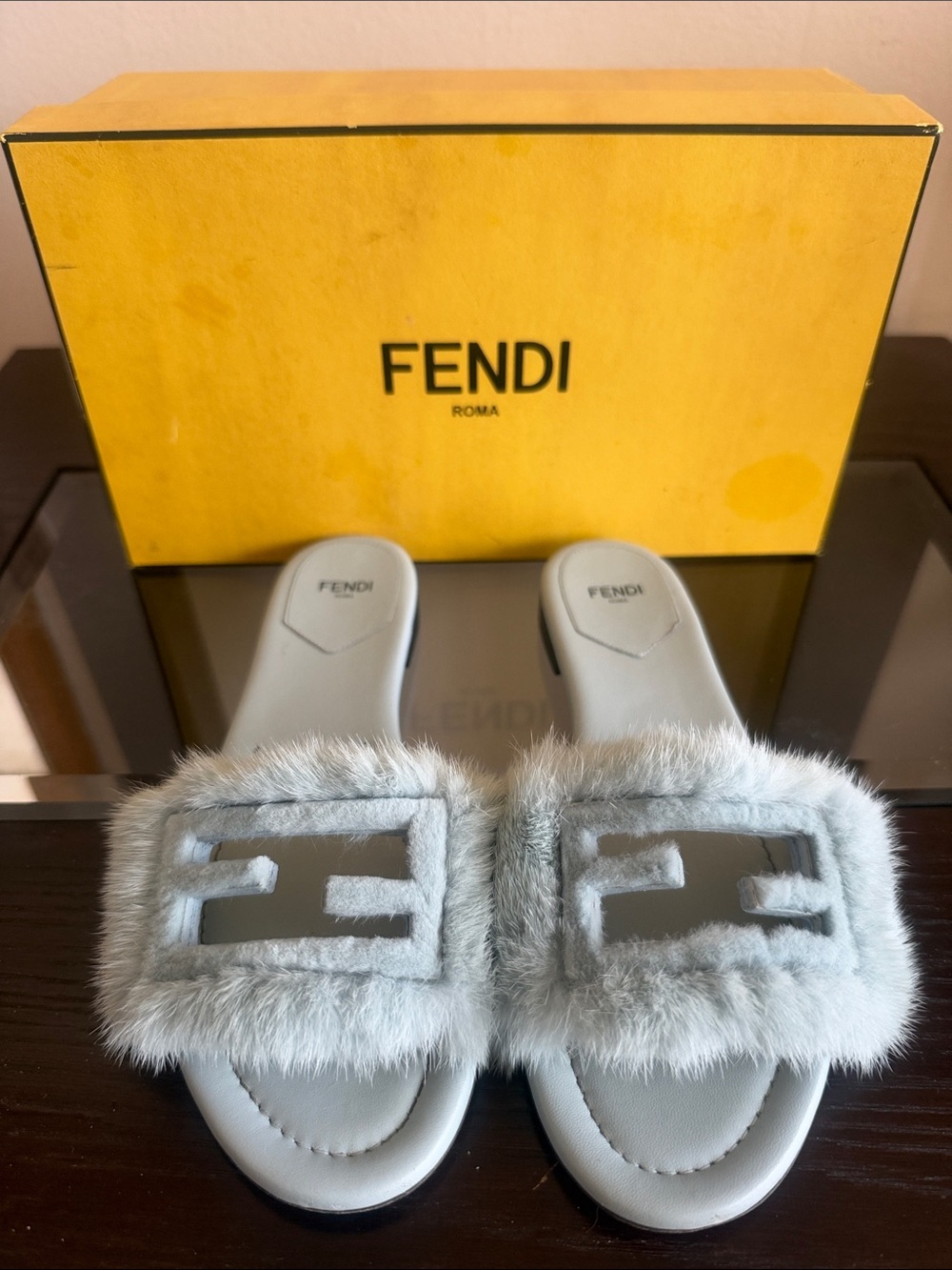 Fendi Light Gray Fur Logo Slide Sandals